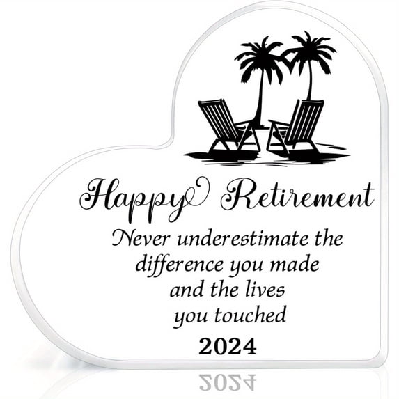 Heart Shaped Acrylic Retirement Plaque 3.9X3.9 Inch Happy Retirement Engraved Palm Tree Chairs Design Ideal Gift for Women Coworkers Friends Teachers Nurses Durable Keepsake Decor