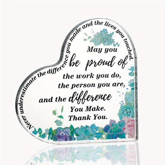 Heart-Shaped Acrylic Thank You Decor With Floral Design & Inspirational Quote - Battery-Free Tabletop Decoration For Home, Office, Parties, Birthdays, Holidays - Blue & Purple Floral Accents