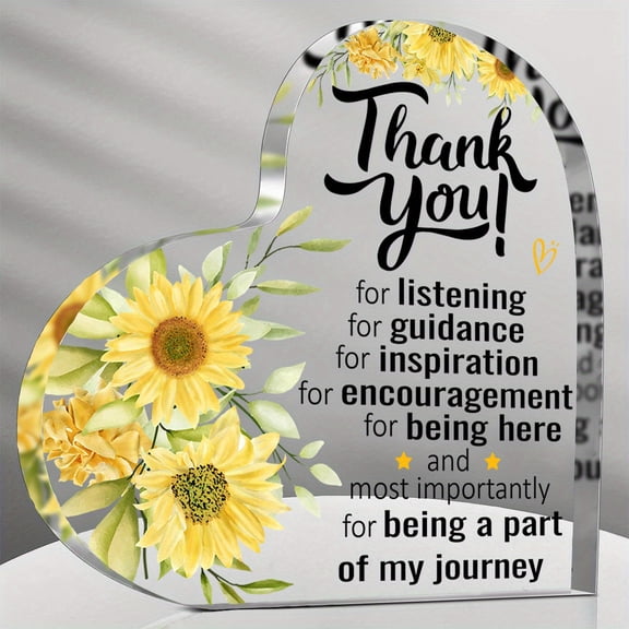 Heart Shaped Acrylic Thank You Plaque 3.9X3.9 Inch Sunflower Design Inspirational Message Elegant Cursive Lettering Appreciation Gift Teachers Nurses Coworkers Women Men Office Home Valentines Day