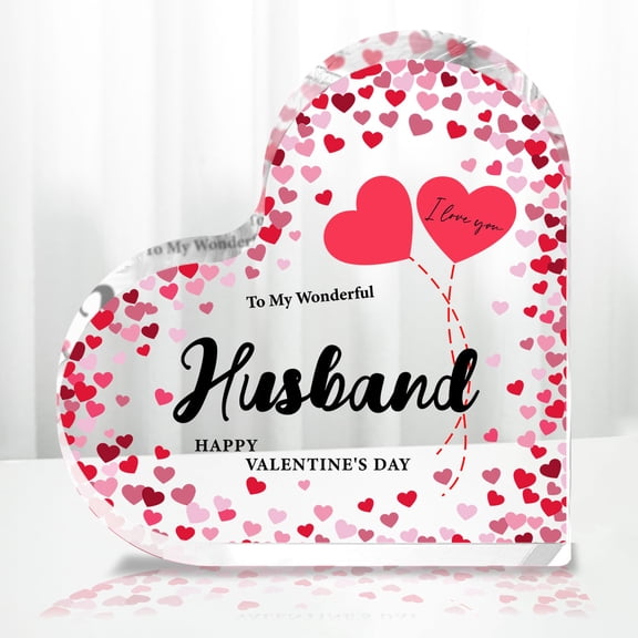 Heart Shaped Acrylic Valentines Day Plaque 3.9X3.9 Inch Romantic to My Wonderful Husband Message Transparent White Decor with s Balloons Wifes Gift for Anniversary Wedding Table