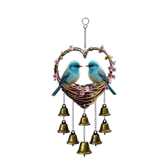Heart Shaped Acrylic Wind Chime With Metal Bells - Couple Blue Birds Floral Hanging Ornament for Outdoor Indoor Wall Window Garden Patio Decor, 15.7x7.9 Inches
