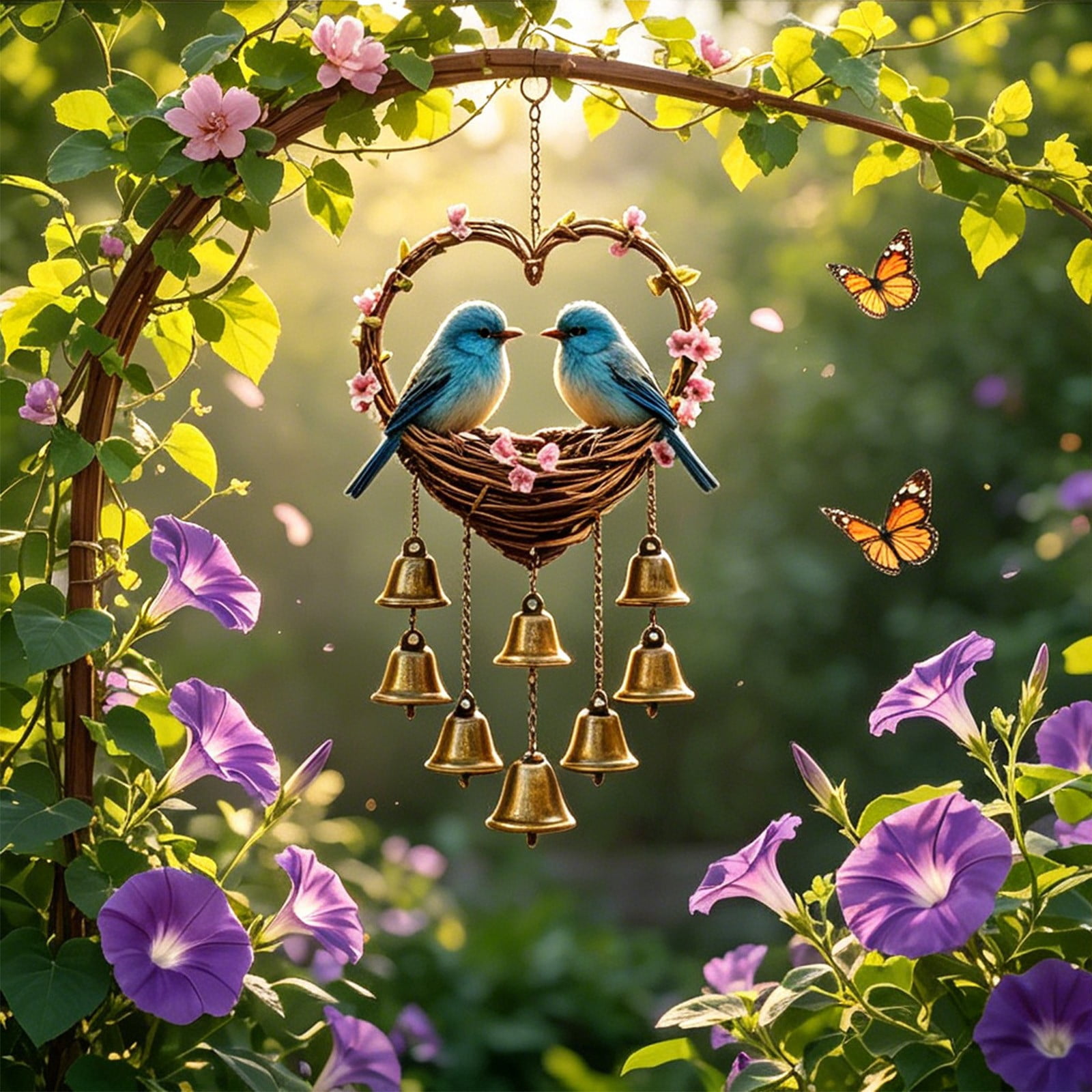 Heart Shaped Acrylic Wind Chime With Metal Bells, Couple Birds And ...
