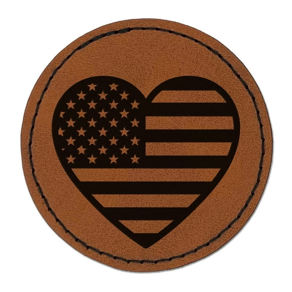 Heart Shaped American Flag United States of America USA 2.5" Faux Leather Round Engraved Iron-On Patch - Brown