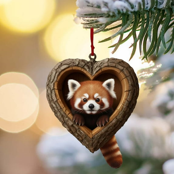 Heart-Shaped Animal Christmas Ornament, 2D Flat Acrylic Forest Animal Decoration, Hanging Woodland Pendant for Xmas Tree Decor, Animals Lovers Gift Home Party Decor Ornaments (Raccoon)