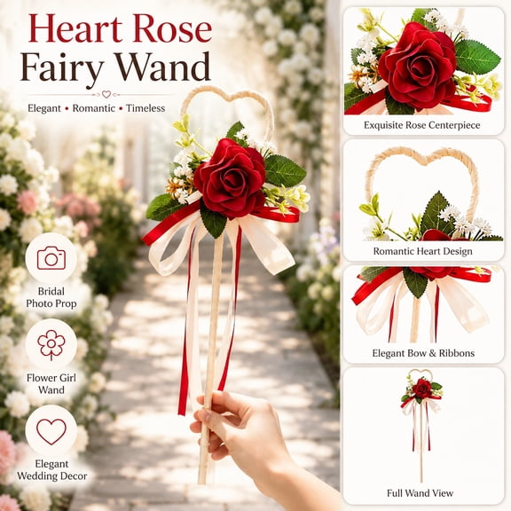 Heart Shaped Artificial Flower Bouquet with Red Rose and Green Leaves, Fake Flowers for Wedding Party Decorations, Bridal Shower Decor