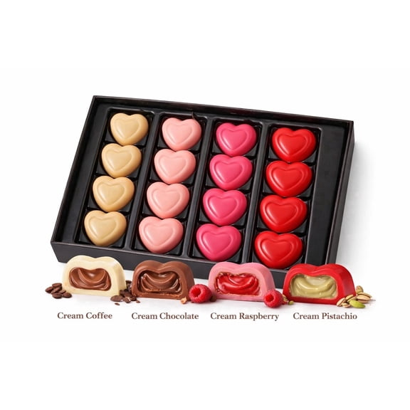 OMNIYA Delicacy Heart-Shaped Cream-Filled Milk Chocolates Gift Box, Assorted Flavors, Valentine's Day, 16 Count