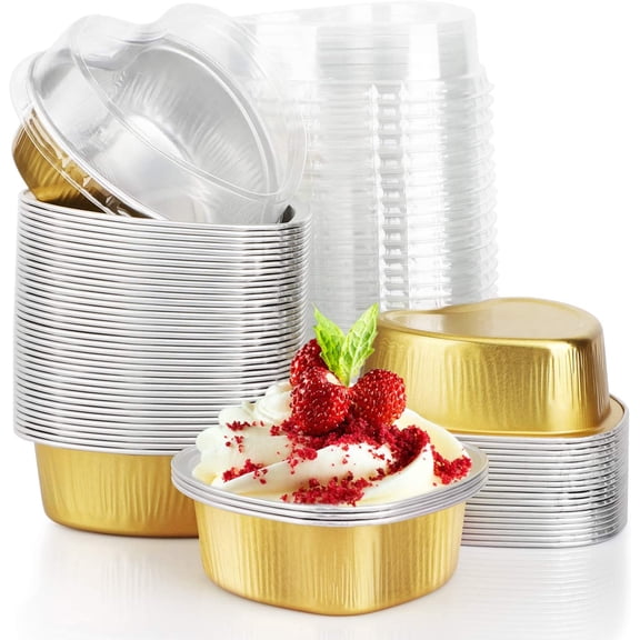 Heart Shaped Baking Pans, 3.4oz 50pcs Aluminum Foil Cupcake Baking Cups with Lids, Valentines Day Gifts, Pie Desserts Flans, Custard Cake Pudding Jello Cups, Wedding Party -Gold