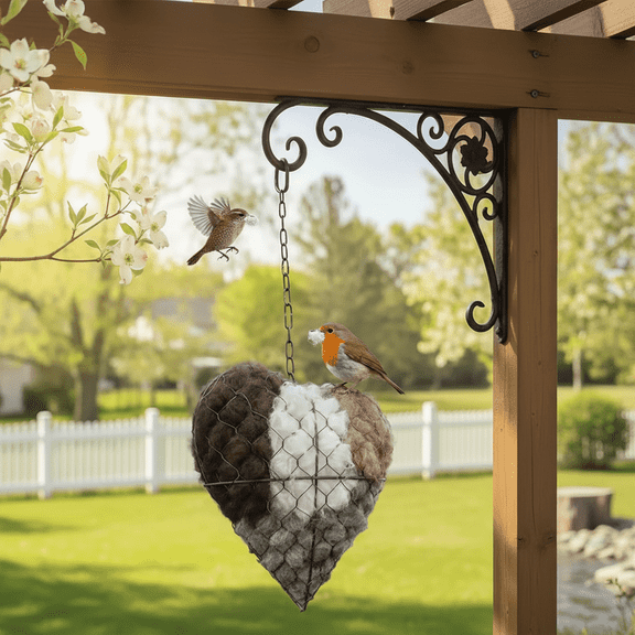 Heart-Shaped Bird Nesting Ball for Garden Decoration with Durable Iron Holder for Outdoor Patio Yard and Lawn to Attract Wild Birds