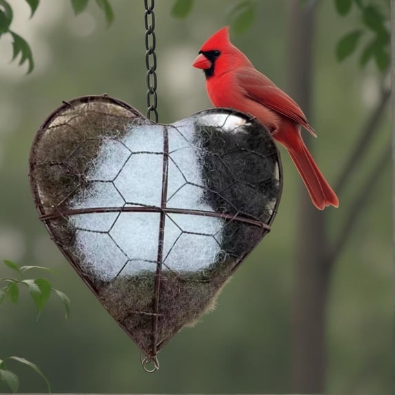 Heart Shaped Bird Nesting Material Holder, Outdoor Hanging Wire Nester with Natural Fiber, Rustic Garden Decor for Hummingbirds & Wild Birds, Spring Yard Art Gift-2PCS