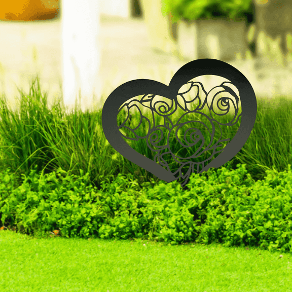Heart-Shaped Black Metal Flower Garden Stake - Romantic Outdoor Yard Decor Gift for Family, Friends, and Loved Ones