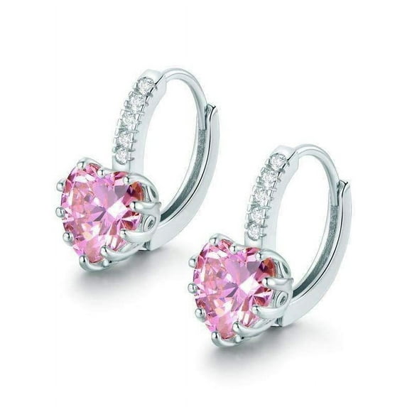 Heart Shaped Blushing Pink Diamond CZ Solitaire Hoop Earrings