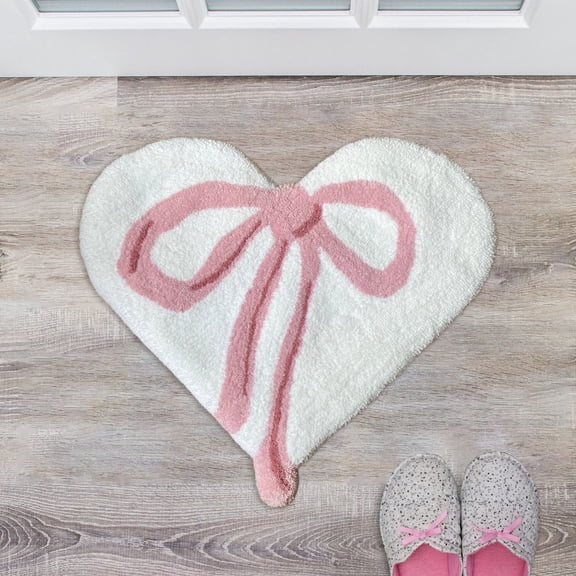 Heart Shaped Bow Bath Mat Non -Super Absorbent Plush Microfiber Bathroom Rug, Cute Valentine's Day Decor Doormat for Front Door,Shower Tub,Living Room,Bedroom&Kitchen Floor Carpet(23.62*15.74In)
