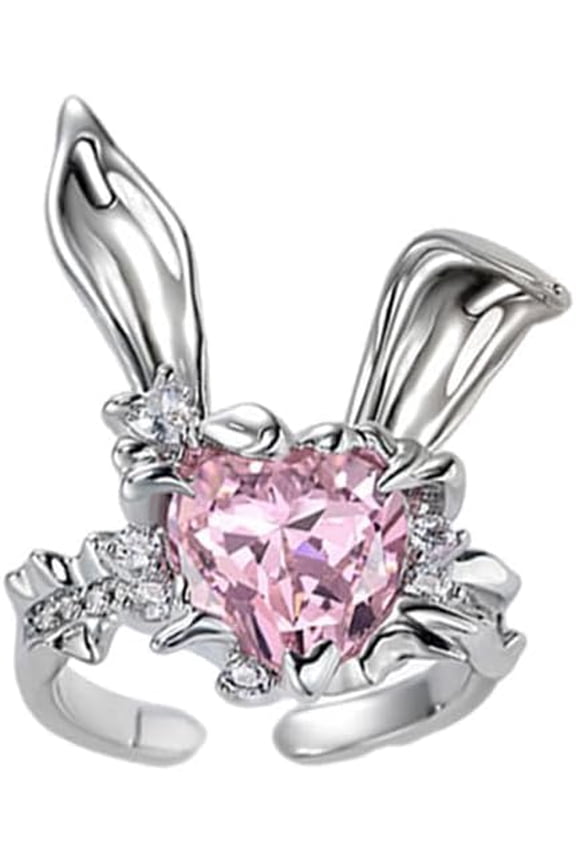 Heart-Shaped Bunny Ring for Women Pink CZ Rabbit Crystal Finger Adjustable Engagement Wedding April Birthstone Cute Rabbits Graduation Promise Ring Comfort Fit Band Fashion Jewelry for Daughters Mom