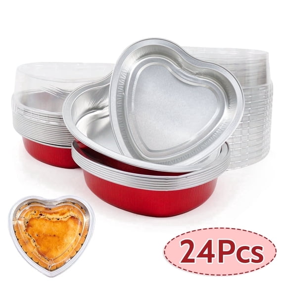 Heart Shaped Cake Pans with Lids 9oz Disposable Aluminum Foil Baking Pans for Valentine's Day Wedding Party Decor 24pcs