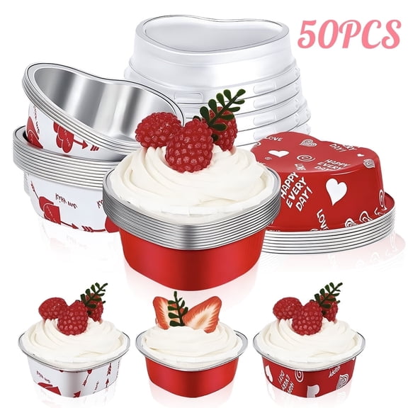 Heart Shaped Cake Pans with Lids Mini Aluminum Foil Cupcake Cups Disposable Baking Pans for Valentine's Day Wedding Party 3.5 Ounces Set of 50