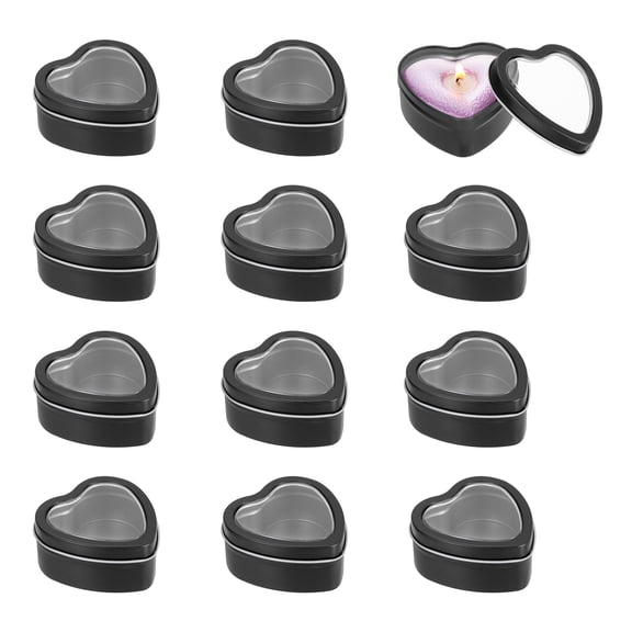 Heart Shaped Candle Tins with Clear Window Lids, 2 oz Empty Metal Tin Cans for Candle Making Candies Gifts DIY Crafts, Black, Pack of 12
