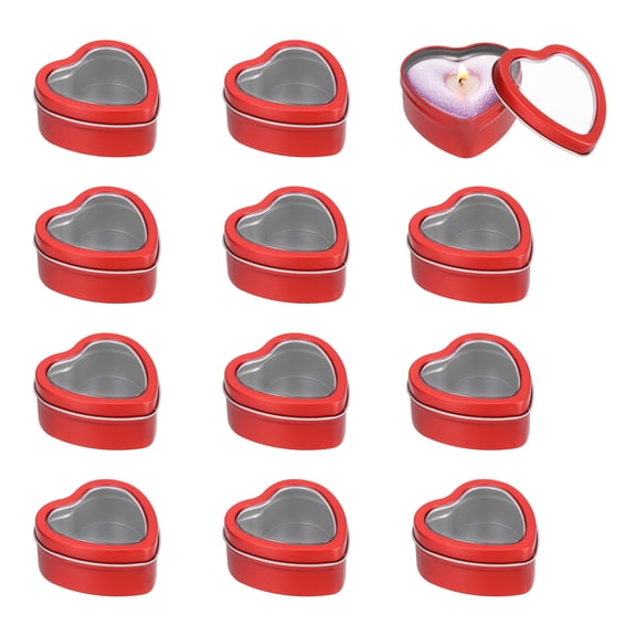 Heart Shaped Candle Tins with Clear Window Lids, 2 oz Empty Metal Tin Cans for Candle Making Candies Gifts DIY Crafts, Red, Pack of 12