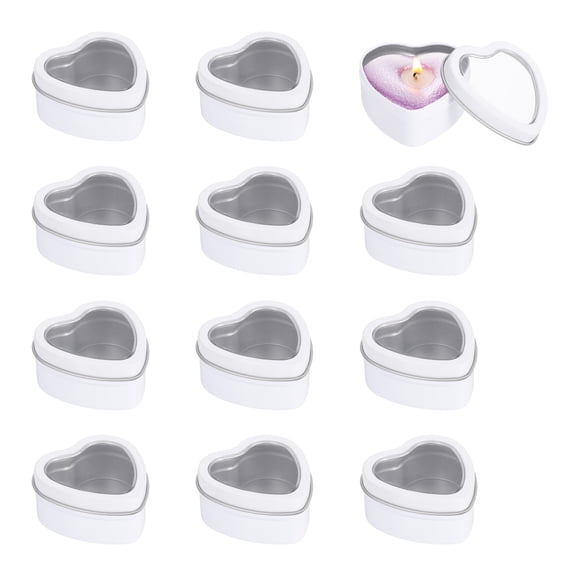 Heart Shaped Candle Tins with Clear Window Lids, 2 oz Empty Metal Tin Cans for Candle Making Candies Gifts DIY Crafts, White, Pack of 12