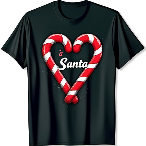 Heart Shaped Candy Canes i Santa Graphic Black T-Shirt for Holiday Cheer
