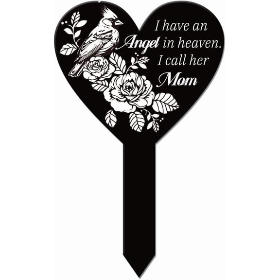 Heart Shaped Cardinal Bird Flowers Garden Stake for Mom Memorial Remembrance Plaque Stake for Cemetery Acrylic Waterproof Sympathy Garden Stakes for Yard Grave Cemetery Black