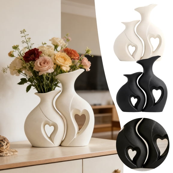 Heart-Shaped Ceramic Vases, Stylish Eye-Catching Accent, 2 Pieces Heart-Shaped Modern Vases, Modern Romantic Decor, Multi-Functional Decor, for Dining Room Bedroom Living(2Pcs)