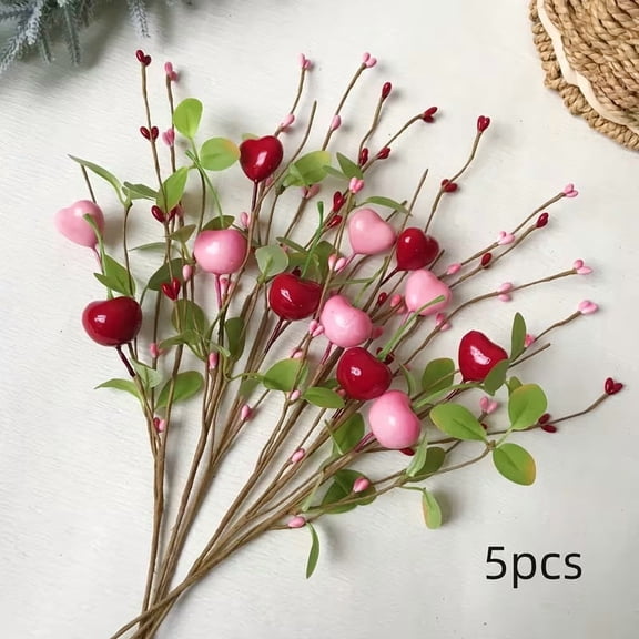 Heart-Shaped Cherry Artificial Flowers 5-Pack Pink Red Berry Stems Romantic Home Decor