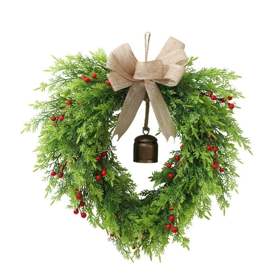 Heart Shaped Christmas Wreath 18.9 Inch, Norfolk Pine Wreath with Burlap Bow, Red Berries and Bells for Front Door, Unique Indoor Outdoor Holiday Decor for Xmas and Valentine's Day