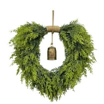 Heart Shaped Christmas Wreath 20 Inch - Real Touch Artificial Cedar Wreath with Vintage Bells for Front Door, Indoor Outdoor Xmas Wall Hanging Decor