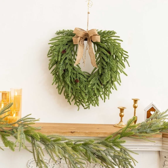 Heart-Shaped Christmas Wreath, Artificial Greenery Garland with Burlap ...