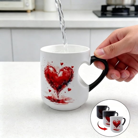 Heart Shaped Color Changing Ceramic Mug Heart Shaped Handle Ceramic Coffee Cup For Valentine'S Day That Reveals Design When Filled With Hot Beverage Glass&Bottle Home Decor