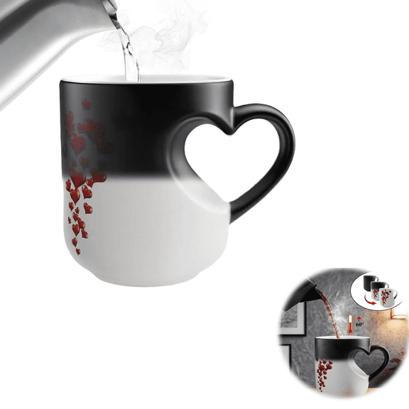 Heart Shaped Color Changing Coffee Mug, Magic Heat Reactive Ceramic Cup Reveals Hidden Design with Hot Liquid, Funny Romantic Gift for Couples Valentines Day(wwx)