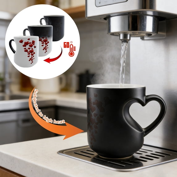Heart-Shaped Color Changing Magic Ceramic Mug, 11 oz Thermochromic Magic Reveal Design, Fun Novelty Coffee Cup for Valentine's Day, Christmas and Mother's Day Gifts,Black