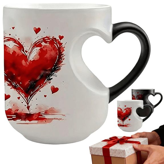 Heart-Shaped Color Changing Magic Ceramic Mug 11oz Thermochromic Ceramic Coffee Tea Cup with Heart Handle, Reveals Romantic Surprise Design When Hot, Valentines Day, Mothers Day Gift for Couples