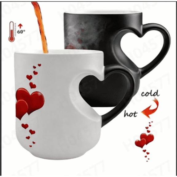 Heart-Shaped Color Changing Magic Ceramic Mug Funny Color Changing Coffee Cup with Handle That Reveals Red Hearts When Filled with Hot Beverage Romantic Gift for Couples,B