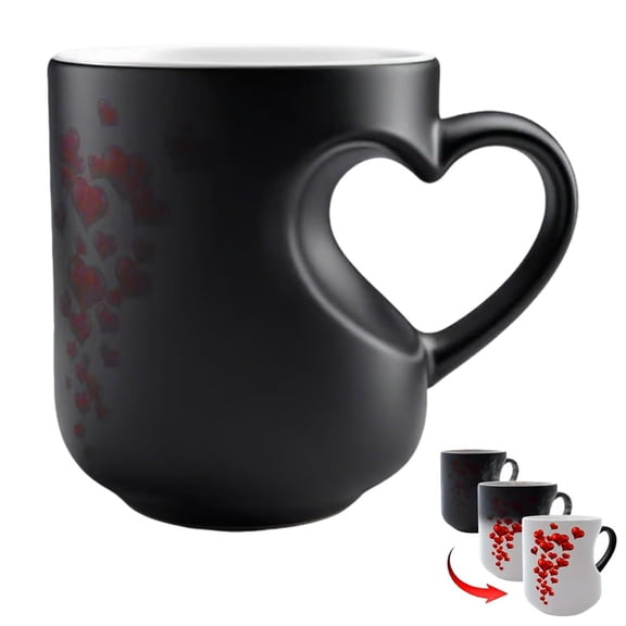 Heart-Shaped Color Changing Ceramic Mug with Handle, Heat Sensitive Magic Coffee Cup Reveals Surprise Design with Hot Drinks, Romantic Gift for Couples