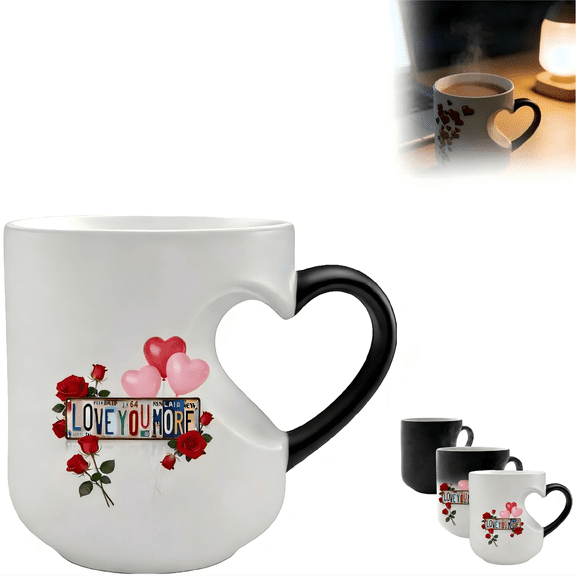 Heart-Shaped Color Changing Magic Ceramic Mug Funny Color Changing Coffee Cup with Handle That Reveals Surprise Design When Filled with Hot Beverage Romantic Gift for Couples(1pc)