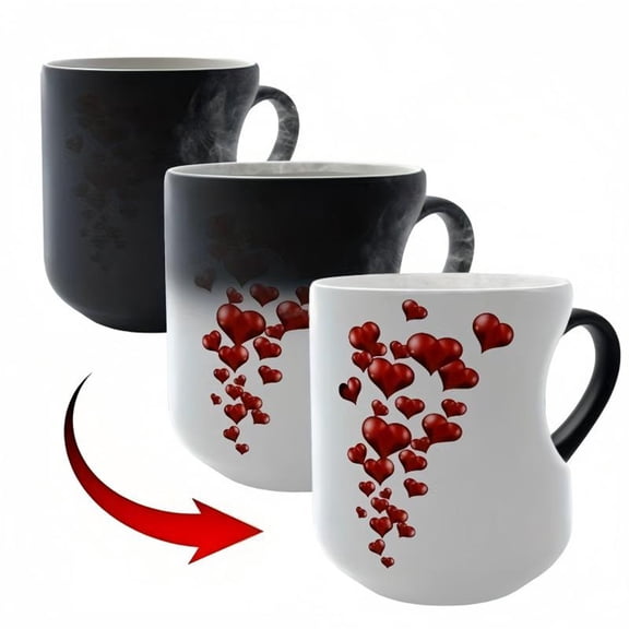 Heart-Shaped Color Changing Magic Ceramic Mug Funny Color Changing Coffee Cup with Handle That Reveals Surprise Design When Filled with Hot Beverage Romantic Gift for Couples,Red