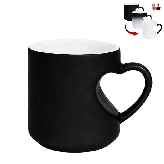 Heart Shaped Color Changing Magic Ceramic Mug Funny Color Changing Coffee Cup with Heart Handle Temperature Activated Reveals Mug for Coffee Tea Gift for Birthday Valentine's Day(Black)