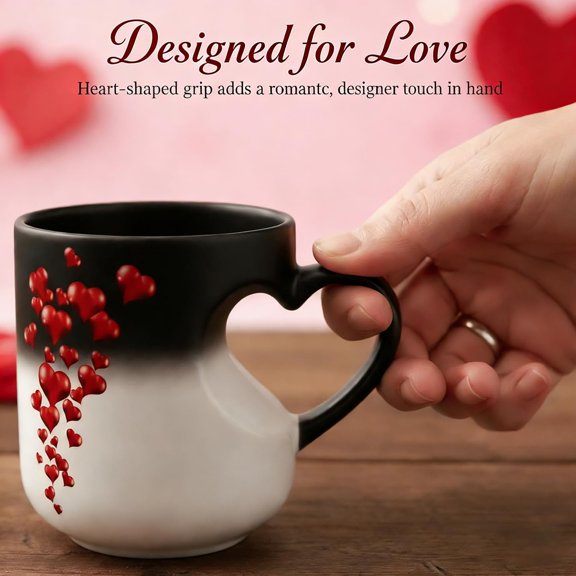 Heart-Shaped Color Changing Magic Ceramic Mug, Funny Color Changing Heart Mug, Reveals Love Design When Filled with Hot Beverage with Heart Handle, Romantic Gift
