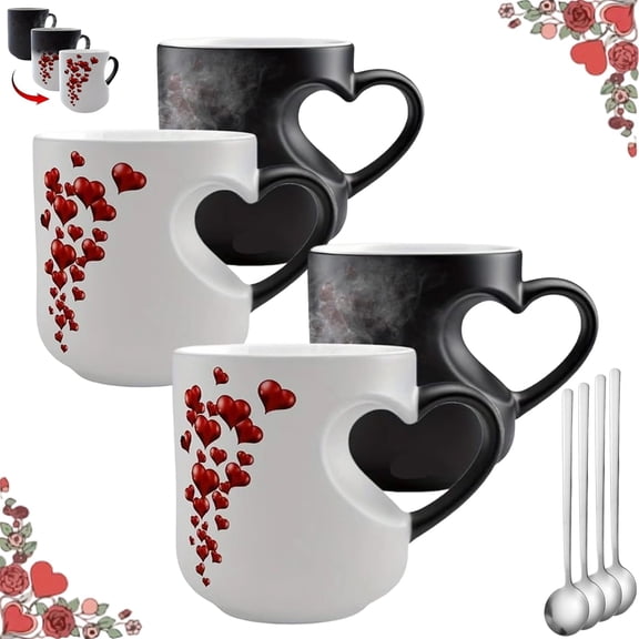Heart-Shaped Color Changing Magic Ceramic Mug, Heart Handle Design Thermochromic Coffee Cup, Temperature Activated Reveals Red Hearts with Hot Drinks, for Valentine's Day & Anniversaries