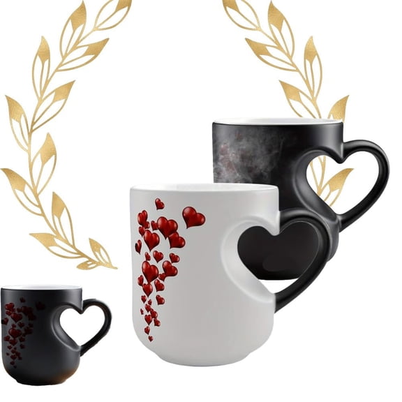 Heart-Shaped Color Changing Magic Ceramic Mug with Heart Handle - Thermochromic Magic Reveal Design, Black to White Reveals Romantic Surprise When Hot, Valentines Gift