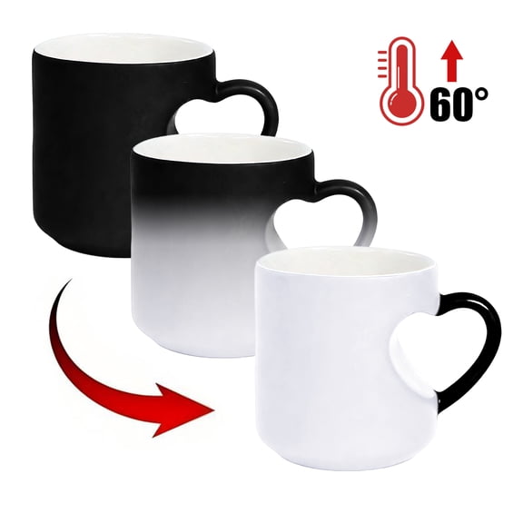 Heart-Shaped Color Changing Magic Ceramic Mug, Heart Shaped Color Changing Mug, Temperature Activated Reveals Red Hearts with Hot Drinks, Heart Handle Design for Coffee Tea(Black)