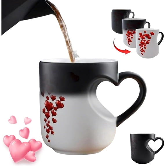 Heart-Shaped Color Changing Magic Ceramic Mug,Heat Coffee Mug with Handle,Surprise Reveal Design for Hot Drinks,Romantic Gift for Valentine's Day, Christmas, Mother's Day.Hot Pink