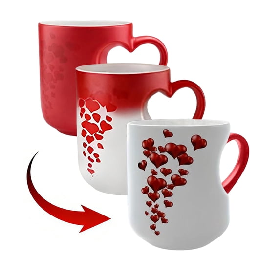 Heart-Shaped Color Changing Magic Ceramic Mug, Heat Sensitive Color Changing Coffee Cup, Heart Handle Thermochromic Magic Reveal Surprise Design for Hot Drinks Coffee Tea H