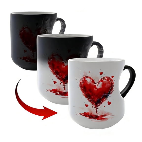 Heart-Shaped Color Changing Magic Ceramic Mug, Heat Sensitive Color Changing Coffee Cup, Heart Handle Thermochromic Magic Reveal Surprise Design for Hot Drinks Coffee Tea(A)