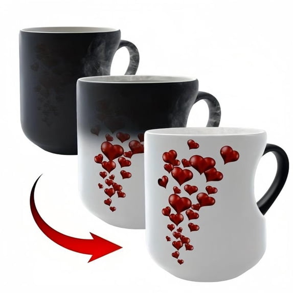 Heart-Shaped Color Changing Magic Ceramic Mug, Magic Reveal of Surprise Design with Hot Drink, Hidden Graphic or Text Coffee Cup, Gift for Valentine‘s Day (2Pcs, A)