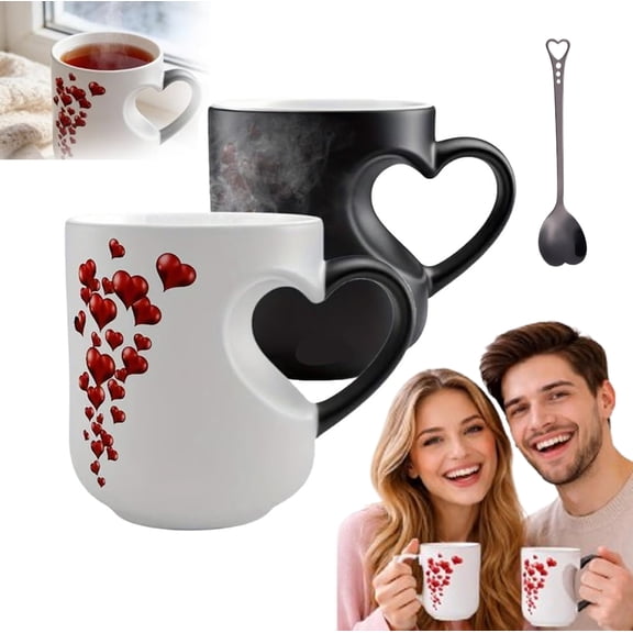 Heart-Shaped Color Changing Magic Ceramic Mug,NewThermochromic Magic Reveal Design,Fun Novelty Coffee Cup for Valentine's Day,Romantic Heart Handle Mug for Valentines Day,Anniversary,Birthday Gifts