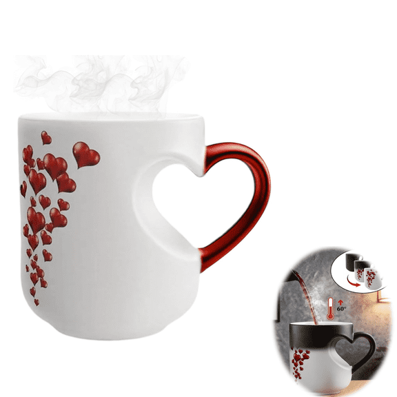 Heart-Shaped Color Changing Magic Ceramic Mug, That Reveals Design When Filled with Hot Beverage, Heart Shaped Handle Ceramic Coffee Cup, Romantic Gifts(wwx)