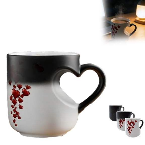 Heart Shaped Color Changing Magic Ceramic Mug, Temperature Activated Reveals Red Hearts with Hot Drinks, Heart Handle Design for Coffee Tea, Gift for Birthday Anniversary Christmas