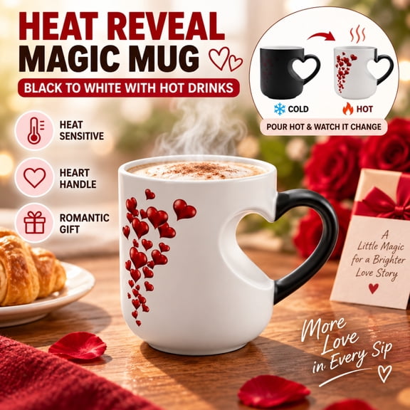 Heart Shaped Color Changing Mug Valentines Day Mug Magic Ceramic Coffee Cup with Handle Heat Sensitive Surprise Reveal Design